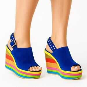 00s MDH Vintage Blue Yellow Platform Espadrille Wedge Heels